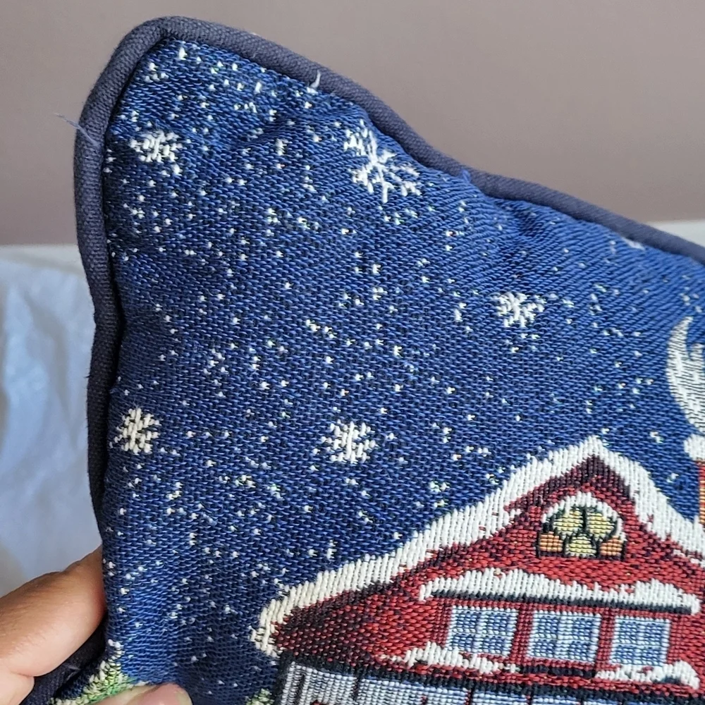 Two Christmas-Themed Tapestry Pillows Snowy Landscape Rectangle Blue Houses VTG